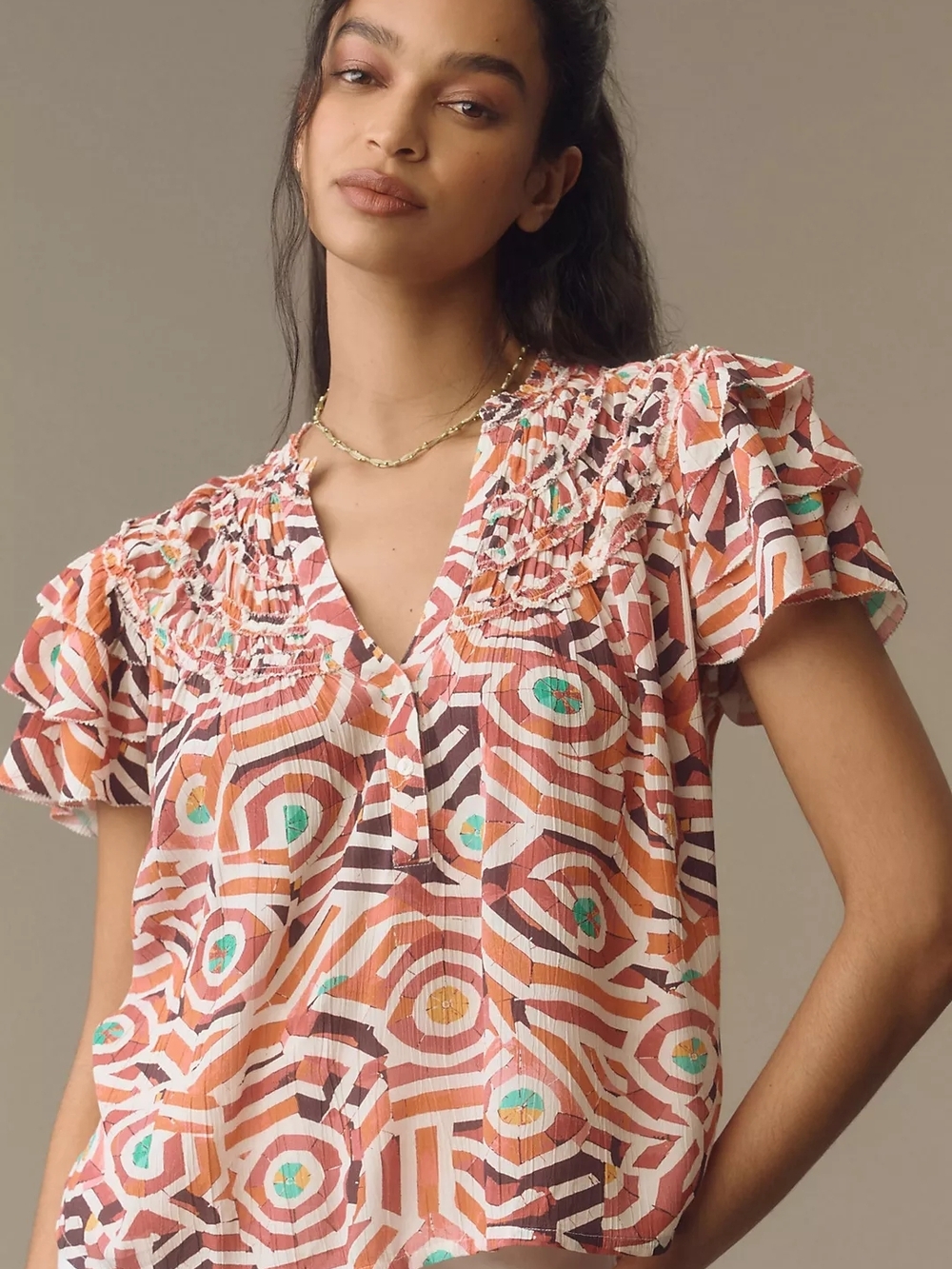 Anthropologie Coral, Turquoise & White Geometric Smocked Flutter-Sleeve Blouse